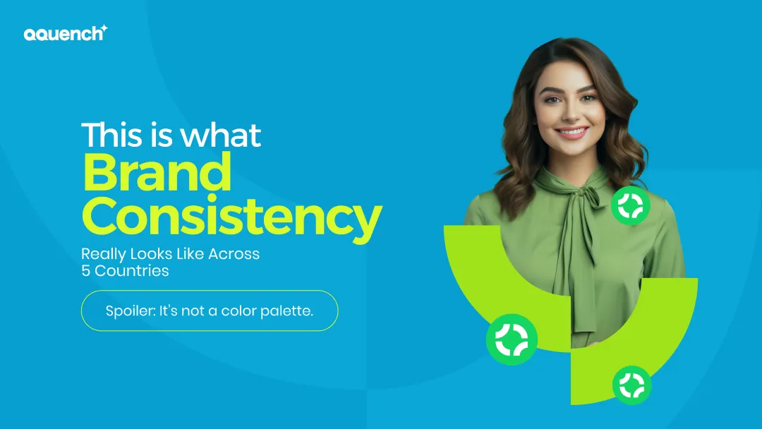 Smiling woman in green with graphic icons illustrating brand consistency across five countries. Branding banner highlighting cross-cultural brand identity, brand coherence, and global visual strategy.
